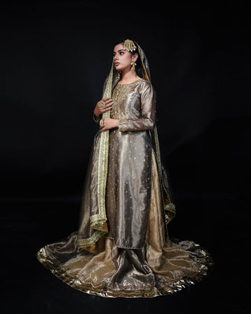 Grey and Golden 3-Piece Embroidered Tissue Lehenga – Saanvi For Women